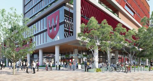 An artist’s impression of the lower floors and surrounding public plaza of the future Western Sydney University campus